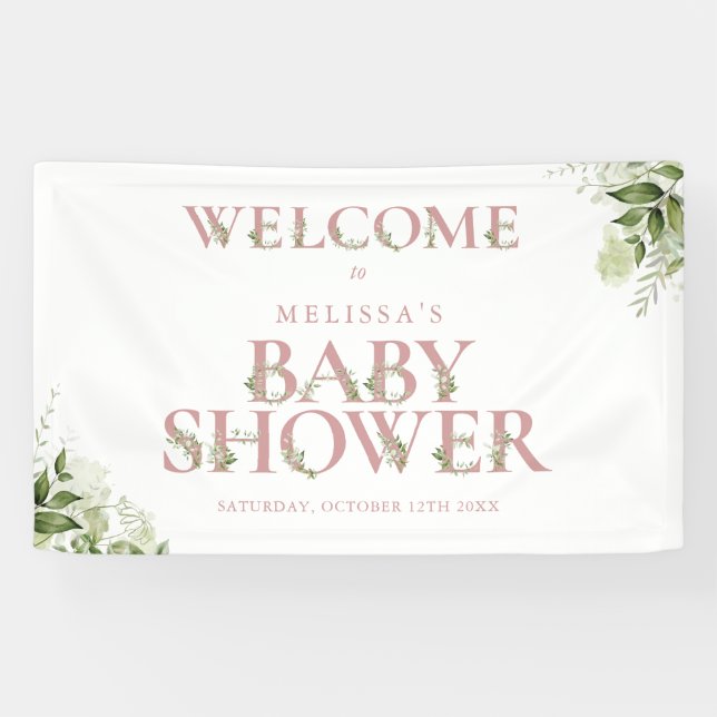 Dusty Rose Greenery Letter Baby Shower Welcome Banner (Horizontal)