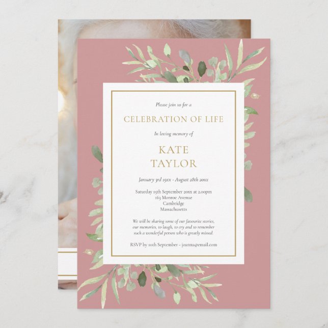 Dusty Rose Greenery Photo Celebration of Life Invitation (Front/Back)