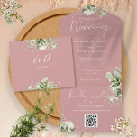 Dusty Rose Greenery QR Code Monogram Wedding All In One Invitation<br><div class="desc">All in one wedding invitation featuring botanical greenery rustic leaves,  and elegant typography on a dusty rose background. The invitation includes a perforated RSVP card featuring a QR code. Designed by Thisisnotme©</div>