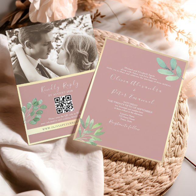 Dusty Rose Greenery Wedding QR Invitation (Creator Uploaded)