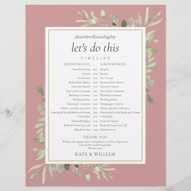 Dusty Rose Greenery Wedding Schedule Timeline (Front)
