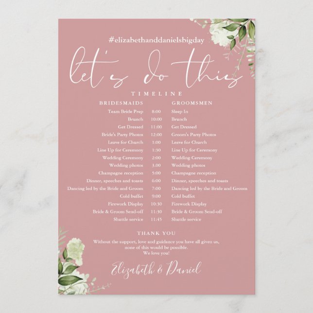 Dusty Rose Greenery Wedding Schedule Timeline Program (Front)