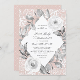 Dusty Rose Grey Floral Lace First Holy Communion Invitation