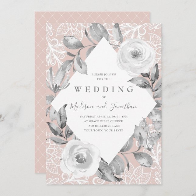 Dusty Rose Grey Floral Lace Wedding Invitation (Front/Back)