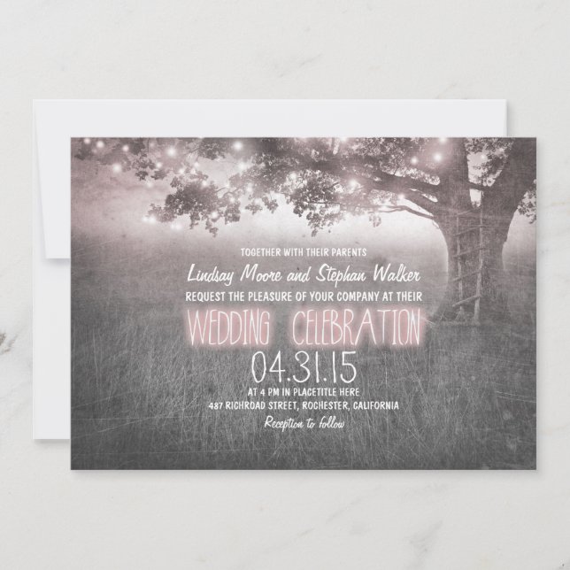 dusty rose grey lights tree wedding invites (Front)