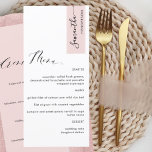 Dusty Rose Guest Name Wedding Food and Drinks Menu<br><div class="desc">Why spend in place cards and menu cards when you can have an elegant All-in-one elegant Menu personalised with each guest name! Contemporary, simple and elegant design with beautiful modern hand written calligraphy. Front with food menu, back with drinks menu. Stripe on the top right corner in dusty rose tone...</div>