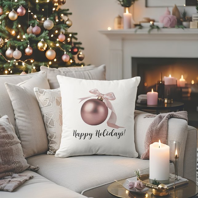 DUSTY ROSE HOLIDAY ORNAMENT THROW PILLOW COTTON (Elegant dusty rose holiday pillow - soft festive charm for cozy seasonal interiors)