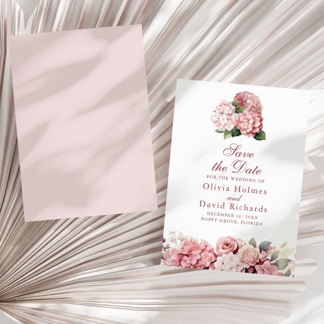 Dusty Rose Hydrangea Save the Date (Elegant Dusty Rose Hydrangea Wedding Save The Date on a sunny neutral dry palm leaf.)