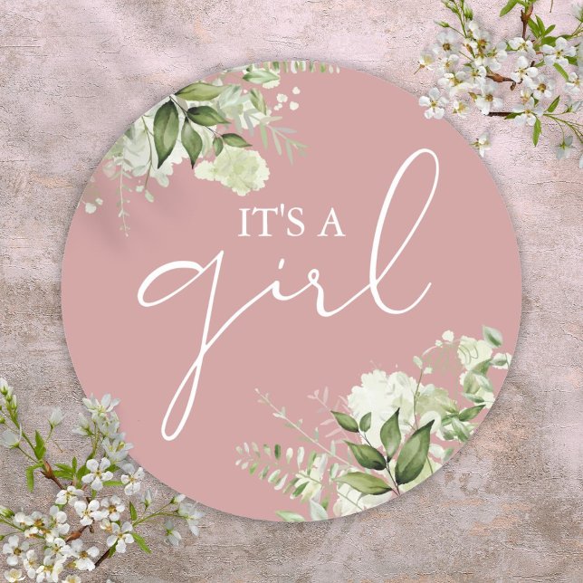Dusty Rose Its A Girl Greenery Baby Shower Favour Classic Round Sticker (Dusty Rose Its A Girl Greenery Baby Shower Favor Classic Round Sticker)
