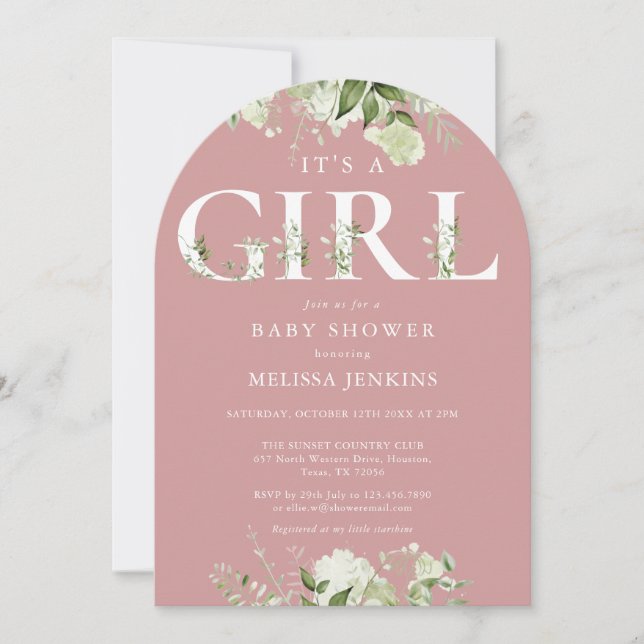 Dusty Rose Its A Girl Greenery Letter Baby Shower Invitation (Front)