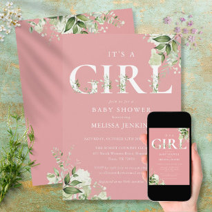 Dusty Rose Its A Girl Greenery Letter Baby Shower Invitation