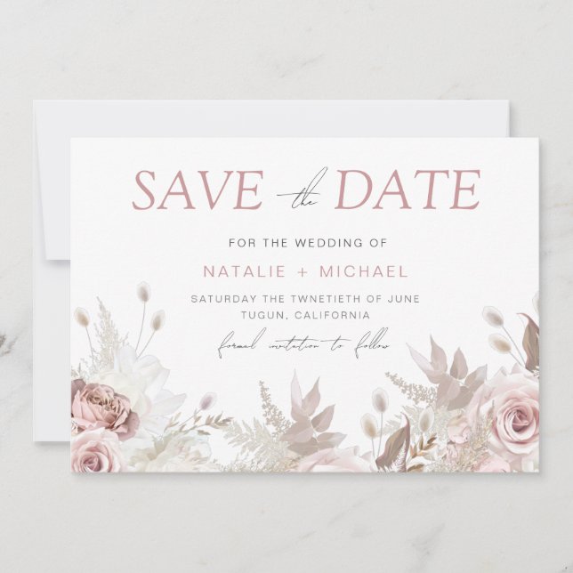 Dusty Rose & Ivory Boho Floral Blush Wedding Save The Date (Front)