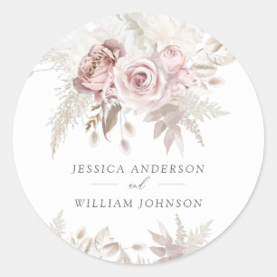 Dusty Rose & Ivory Floral Beautiful Wedding Large Classic Round Sticker