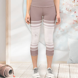 Dusty Rose Ivory Floral Line Art Athletic Stripes Capri Leggings