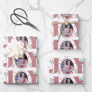 Dusty rose Joy and berries Christmas holiday photo Wrapping Paper Sheet