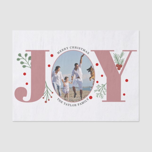 Dusty rose Joy with berries Christmas photo Tissue Paper (Front)