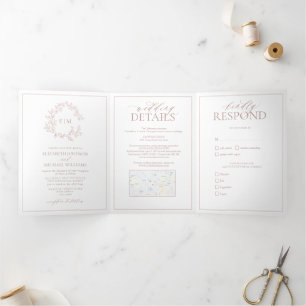 Dusty Rose Leafy Crest Monogram Wedding Tri-Fold Invitation