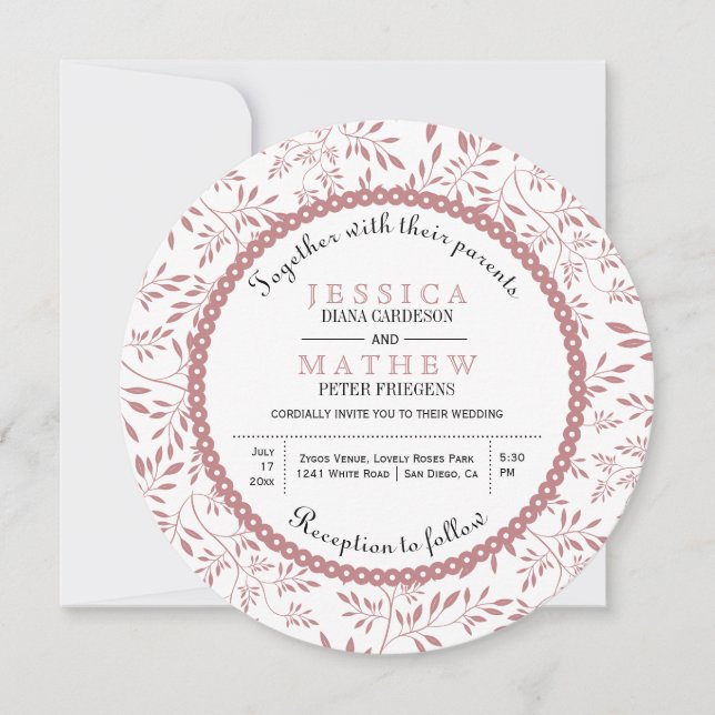 Dusty rose leaves pattern modern floral wedding invitation (Front)