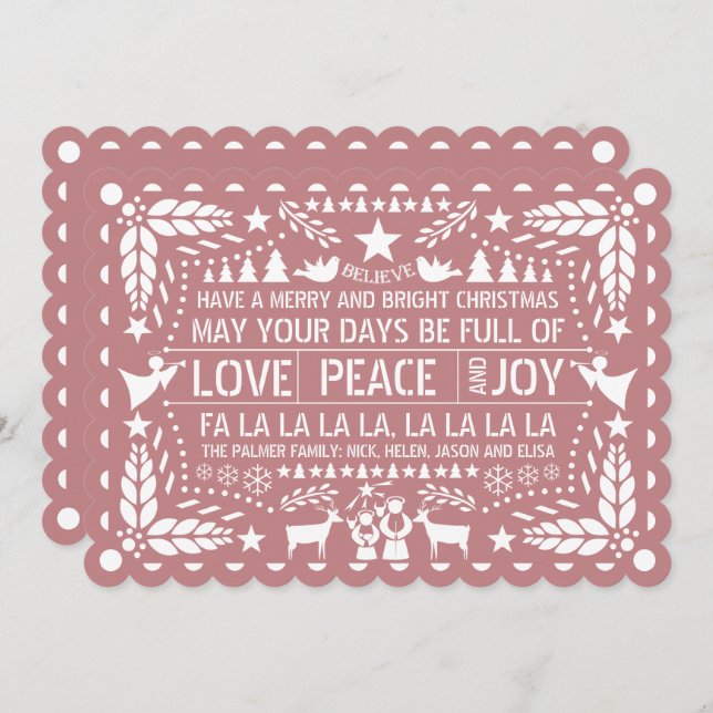 Dusty rose Love Peace Joy papel picado Christmas Holiday Card (Front/Back)