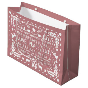 Dusty rose Love Peace Joy papel picado Christmas Large Gift Bag