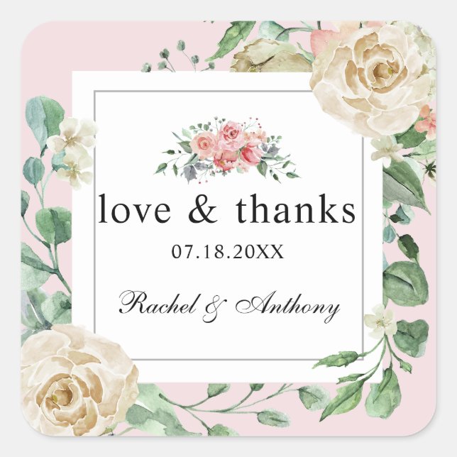 Dusty rose Love & Thanks watercolor wedding Spring Square Sticker (Front)