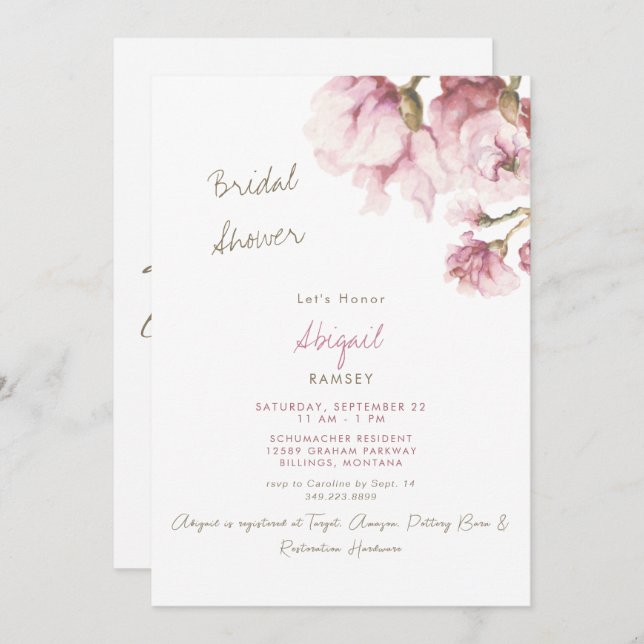 Dusty Rose Magnolia Blossoms Bridal Shower   Invitation (Front/Back)