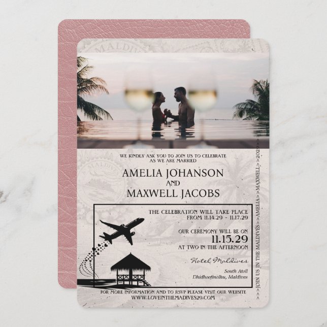 Dusty Rose Maldives Passport Wedding Invitation (Front/Back)