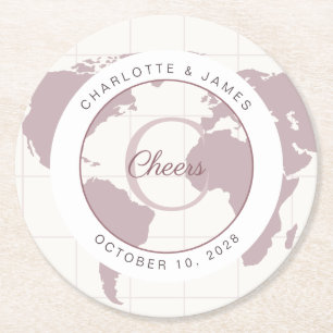 Dusty Rose Map Wedding Party Cheers Custom Round Paper Coaster