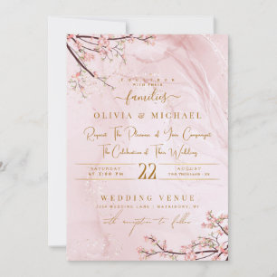 DUSTY ROSE MARBLE GOLD ABSTRACT FLORALS WEDDING INVITATION