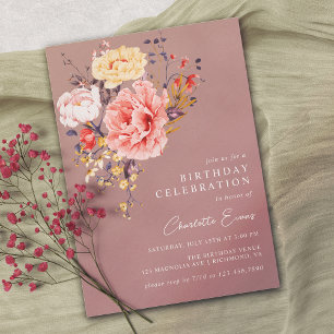 Dusty Rose Mauve Elegant Boho Floral Birthday Invitation