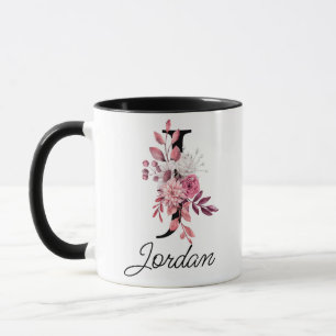 Dusty Rose Mauve Floral Letter J Monogram Initial Mug