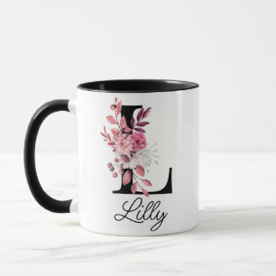 Dusty Rose Mauve Floral Letter L Monogram Initial Mug