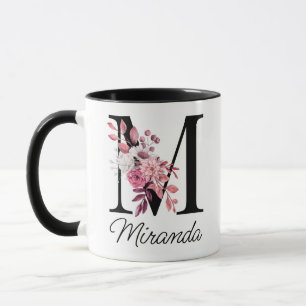 Dusty Rose Mauve Floral Letter M Monogram Initial Mug