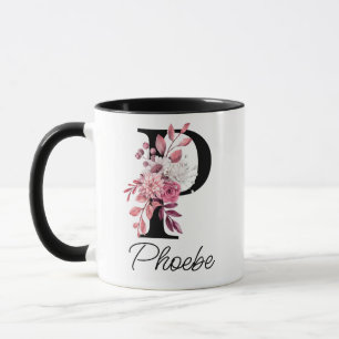 Dusty Rose Mauve Floral Letter P Monogram Initial Mug
