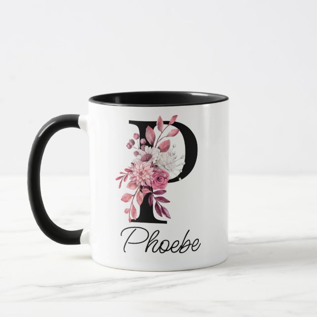 Dusty Rose Mauve Floral Letter P Monogram Initial Mug (Left)