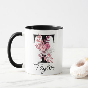Dusty Rose Mauve Floral Letter T Monogram Initial Mug