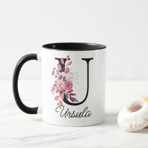 Dusty Rose Mauve Floral Letter U Monogram Initial Mug