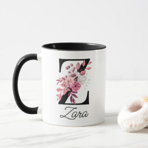 Dusty Rose Mauve Floral Letter Z Monogram Initial Mug