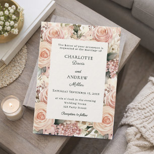 Dusty rose mauve ivory florals luxury wedding invitation