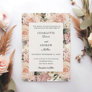 Dusty rose mauve ivory florals luxury wedding invitation