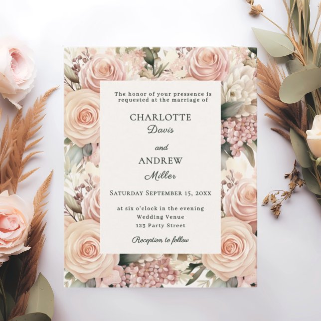 Dusty rose mauve ivory florals wedding invitation (Creator Uploaded)