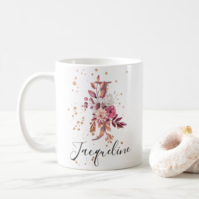 Dusty Rose Mauve Pink Floral Monogram Letter J Coffee Mug (With Donut)