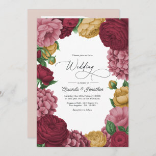 Dusty Rose, Merlot & Antique Gold Floral Wedding Invitation
