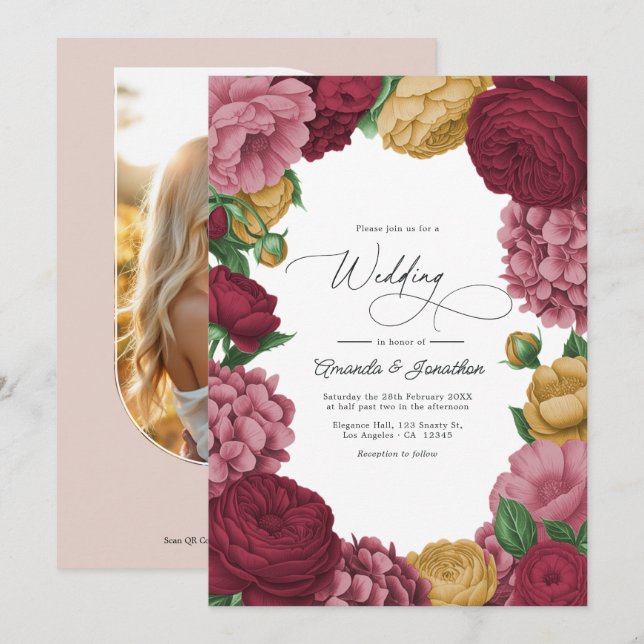 Dusty Rose, Merlot & Antique Gold Floral Wedding Invitation (Front/Back)