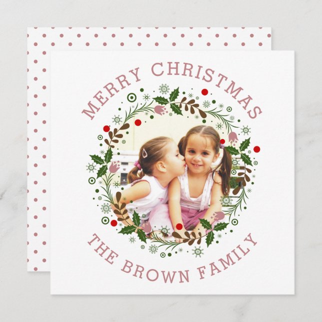 Dusty rose Merry Christmas, floral wreath photo Holiday Card (Front/Back)