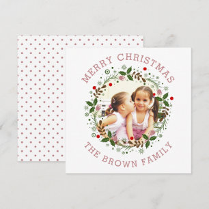 Dusty rose Merry Christmas, floral wreath photo Holiday Card
