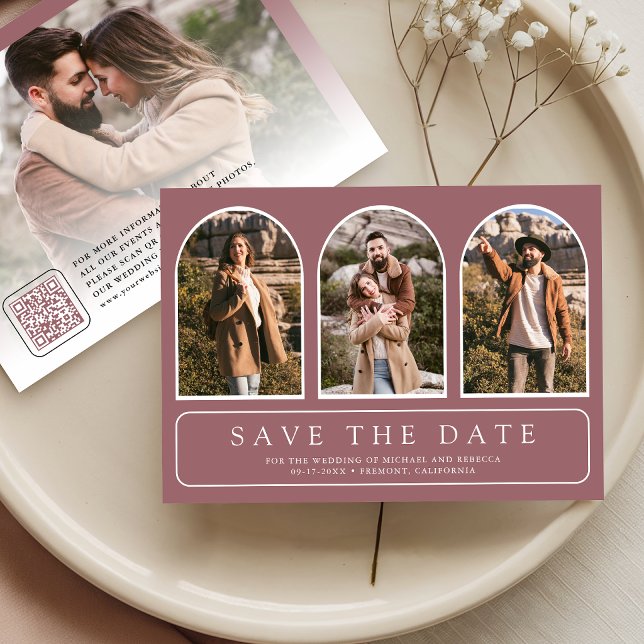 Dusty Rose Minimal Arch Photo QR Code Wedding Save The Date (Creator Uploaded)