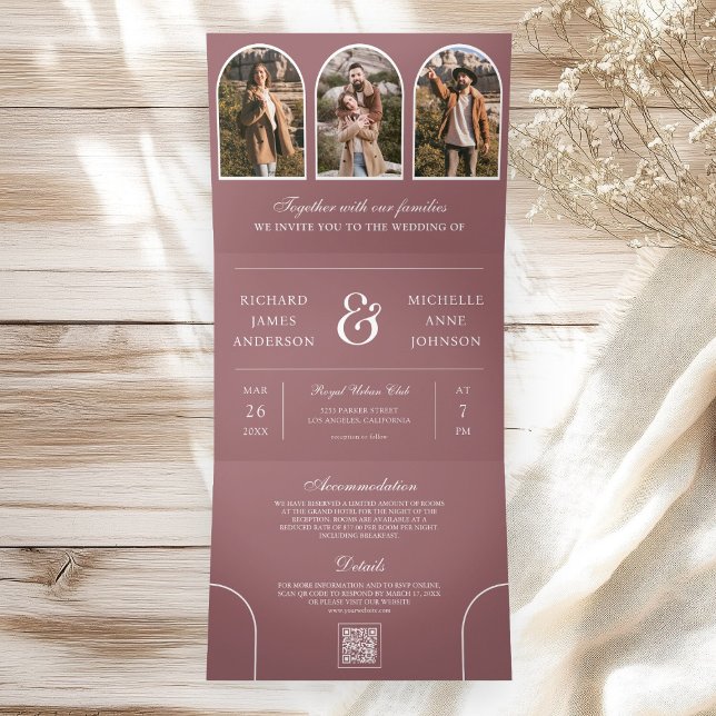 Dusty Rose Minimal Arch Photo QR code Wedding Tri-Fold Invitation (Creator Uploaded)