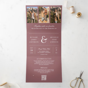Dusty Rose Minimal Photo Collage QR Code Wedding Tri-Fold Invitation