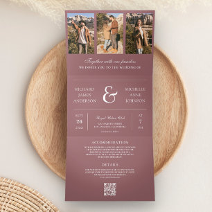 Dusty Rose Minimal Photo Collage QR Code Wedding Tri-Fold Invitation